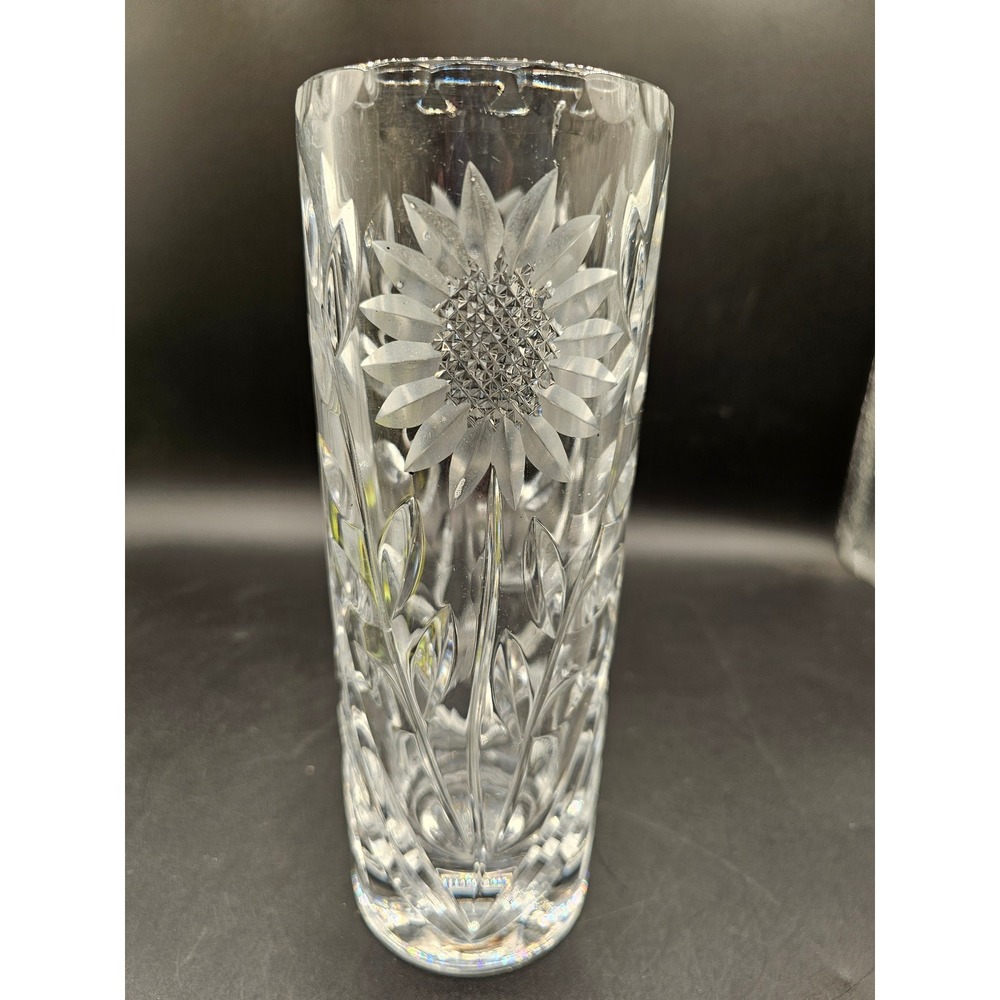Crystal Sunflower Bud Vase Etched Glass Scalloped Rim 8.25 Inch Floral Decor